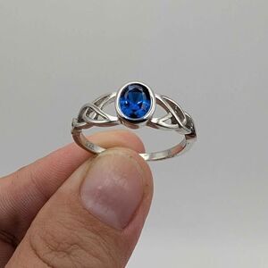Silver Celtic Triquetra / Trinity Knot Ring Blue Sapphire CZ Ring Size 11